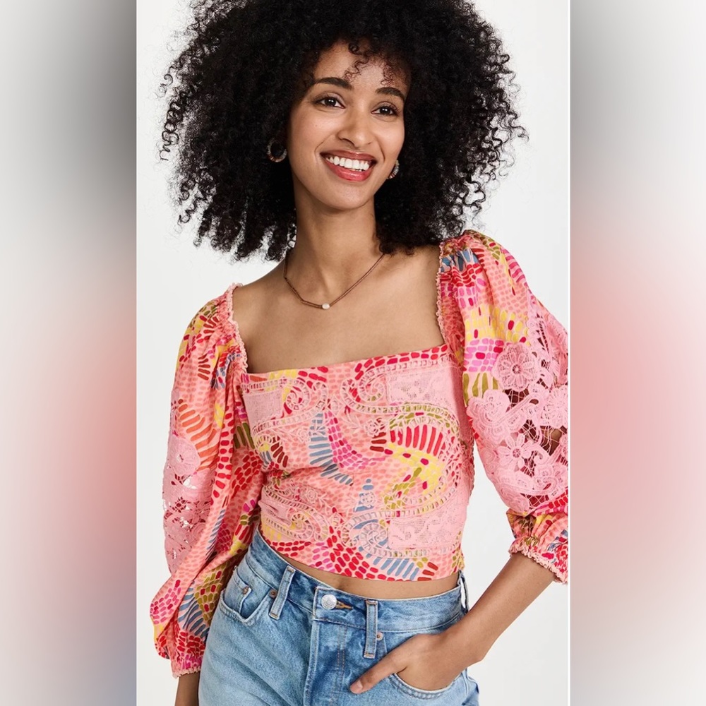 FARM Rio Pink Multicolor Square-Neck Lace Puff Sleeve Top